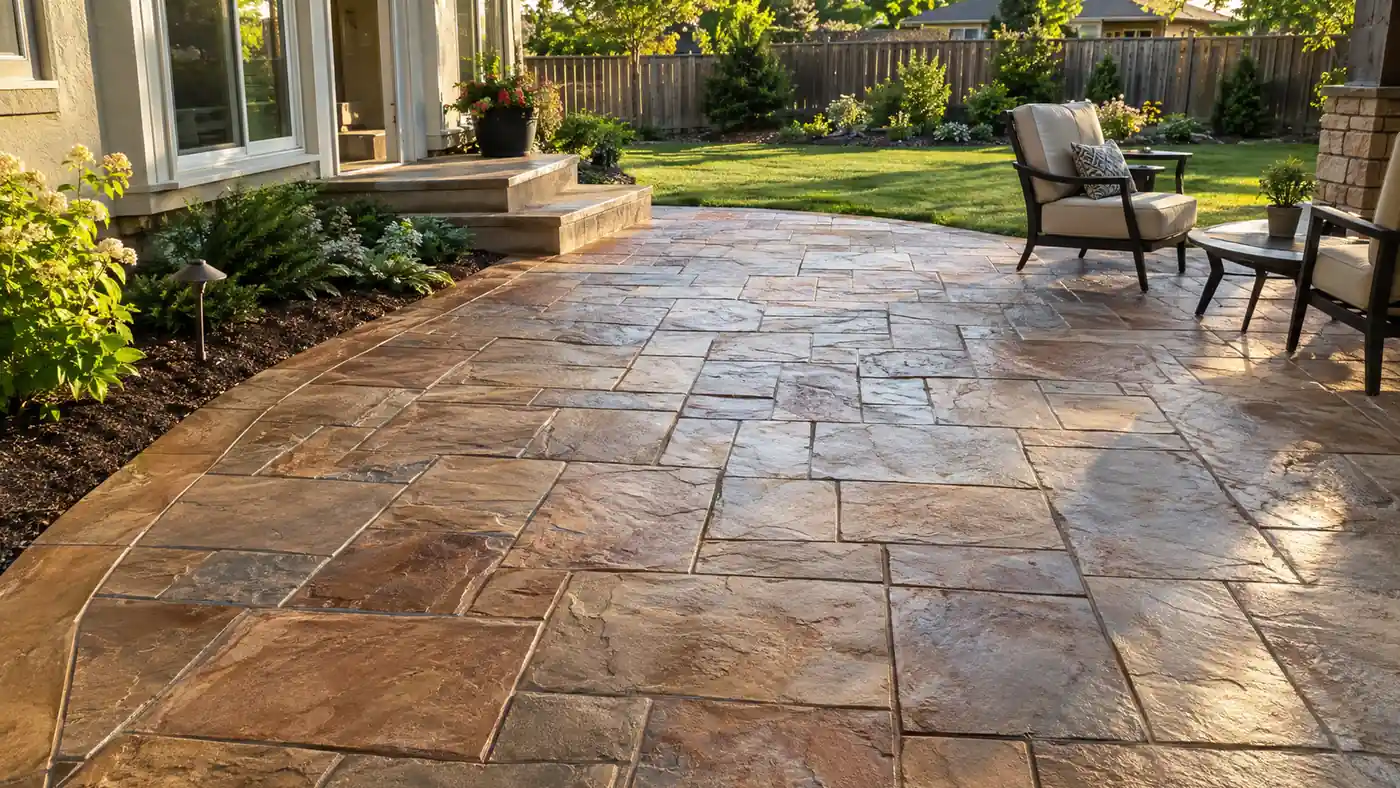 Stamped concrete patio with lounge chairs beside a house
