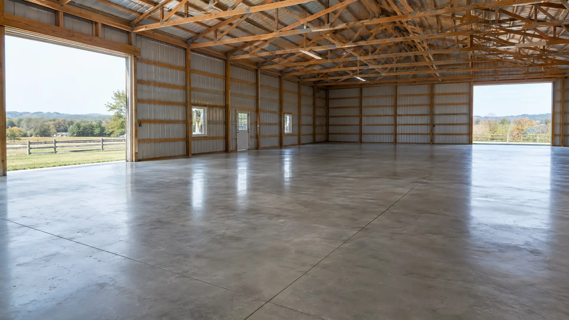 Finished concrete floor inside a large pole barn with both doors open