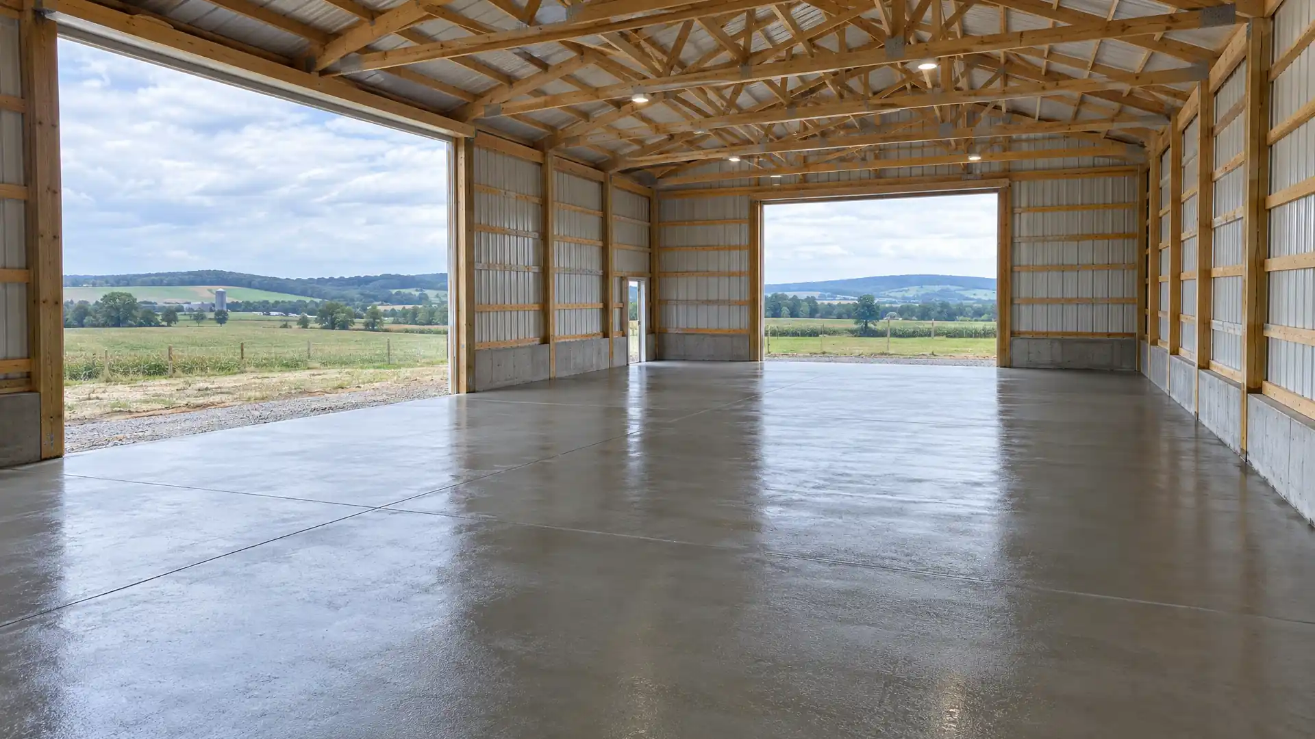 Finished concrete floor inside an open pole barn with farm fields beyond