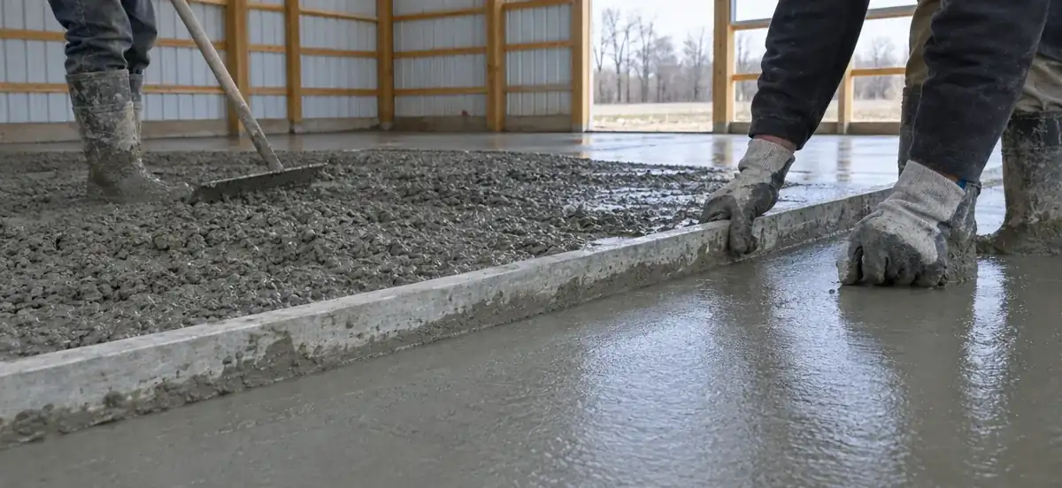 Screeding concrete inside a pole barn