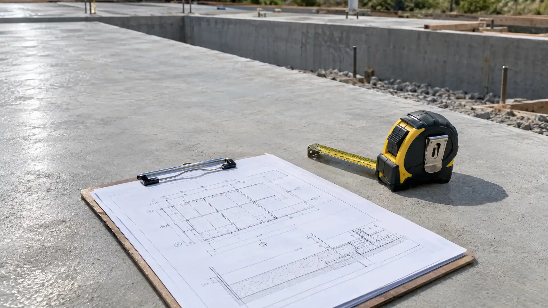 Clipboard with a site plan and a tape measure on a fresh concrete slab