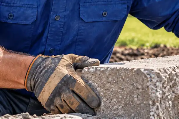 Gloved hand setting a block on a retaining wall