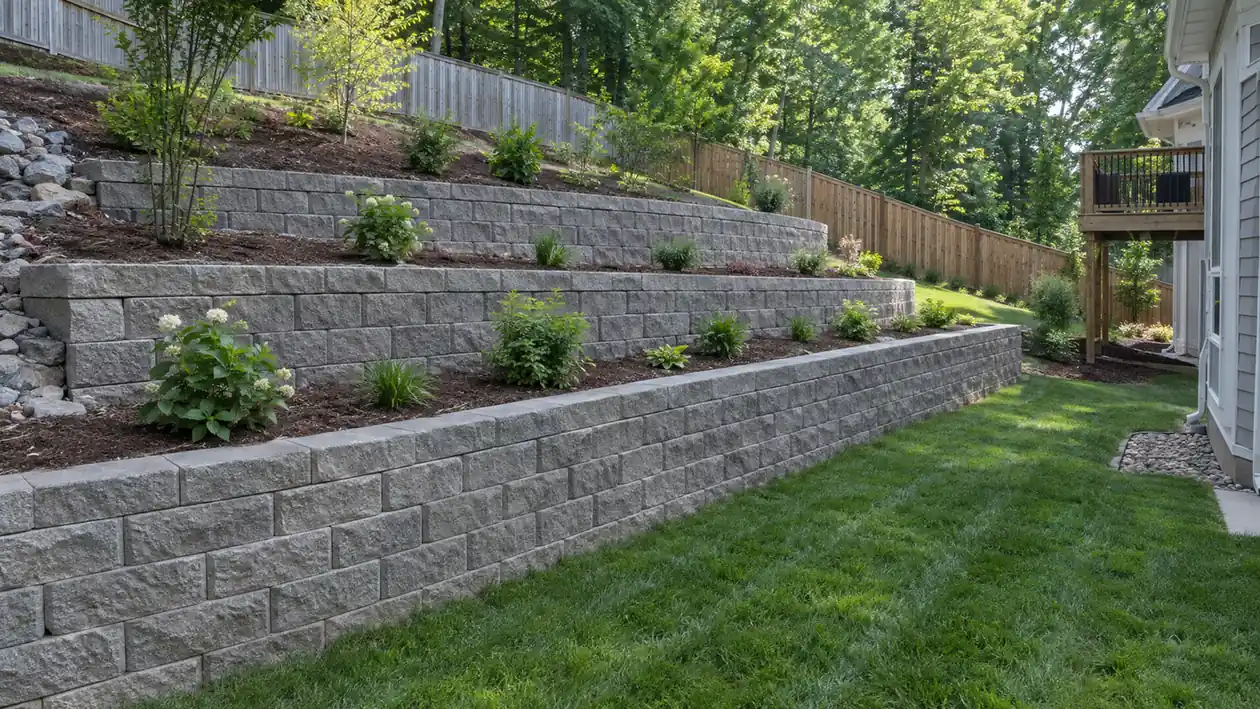 Tiered block retaining walls with planted beds stepping down to a lawn