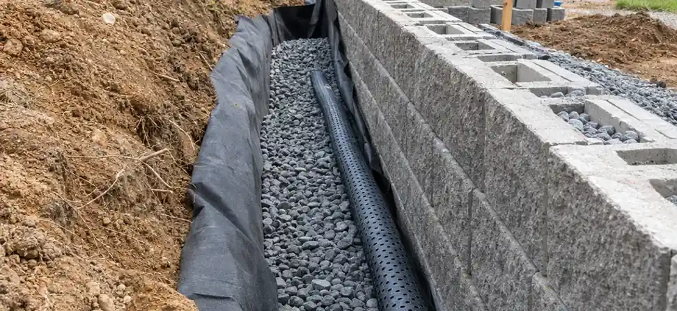 Drainage gravel behind a retaining wall
