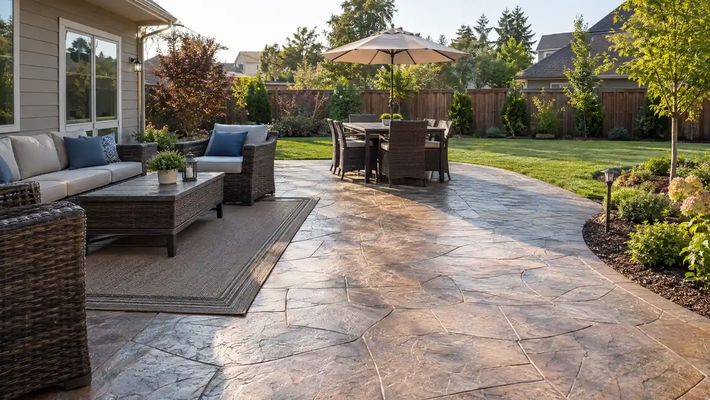 Stamped concrete patio with outdoor sofas and a dining table under an umbrella