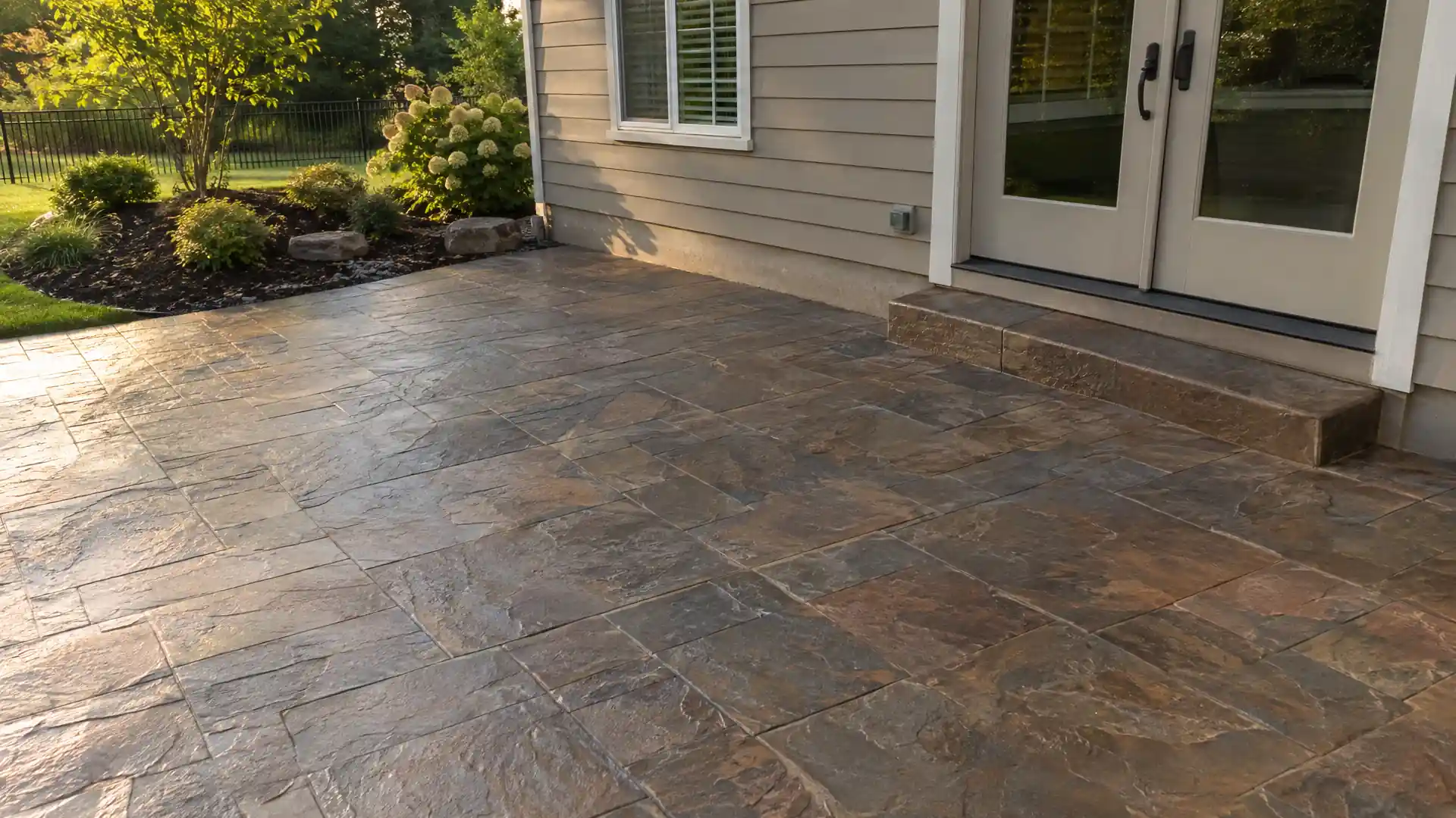 Stamped concrete patio with a step up to a back door