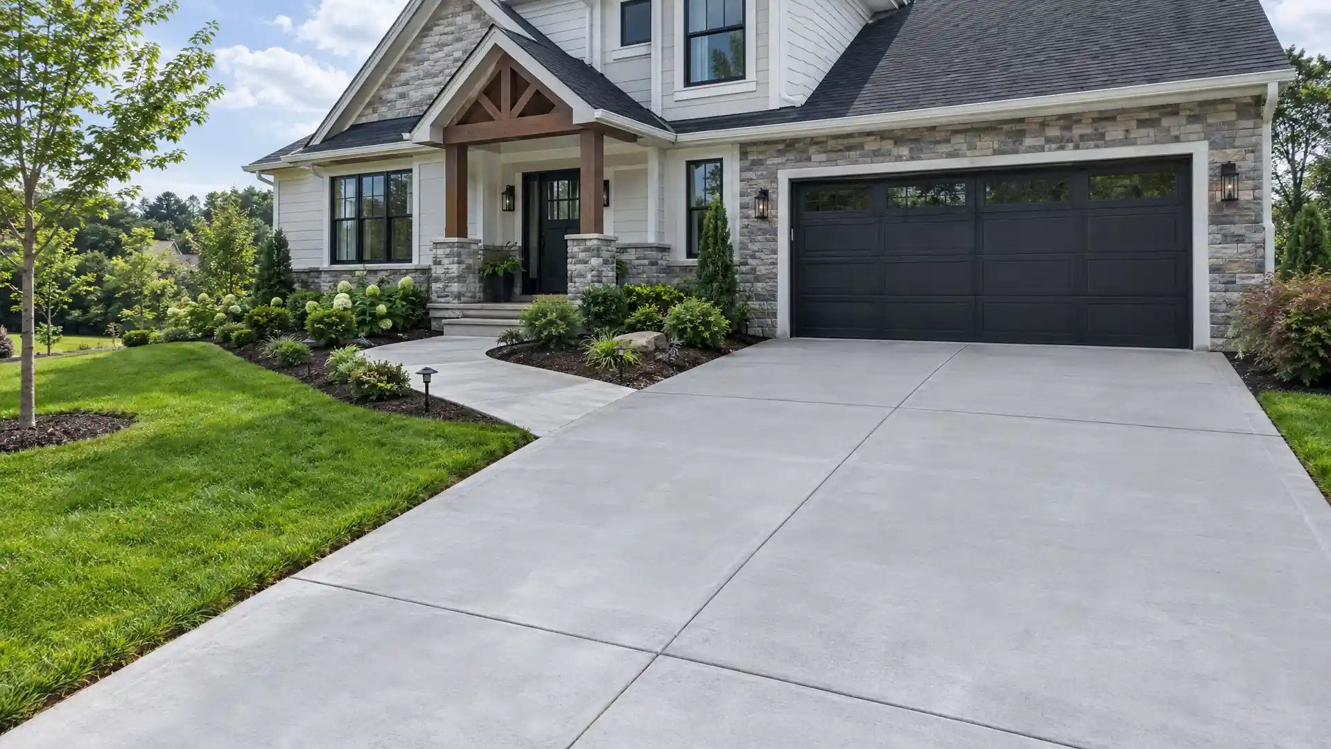 New concrete driveway leading to the garage of a stone-front house